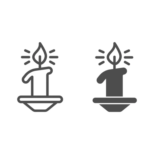 Brennende Kerze auf Tellerlinie und solides Symbol, Weihnachtskonzept, Weihnachtsdekoration Zeichen auf weißem Hintergrund, Kerze auf Kerzenständer Symbol in Umriss Stil für mobile und Web-Design. Vektorgrafik. — Stockvektor