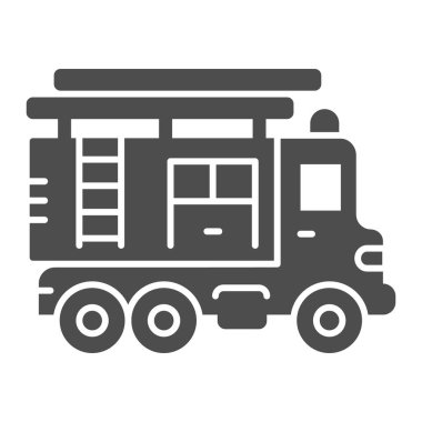 Merdiven sağlam ikona sahip itfaiye aracı, ağır ekipman konsepti, beyaz arka planda itfaiye aracı tabelası, mobil konsept ve web tasarımı için glifli itfaiye aracı simgesi. Vektör grafikleri.