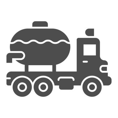 Tank katı ikona sahip kamyon, ağır ekipman konsepti, beyaz arka planda endüstriyel kamyon tabelası, mobil konsept ve web tasarımı için glifli tanker taşıma simgesi. Vektör grafikleri.