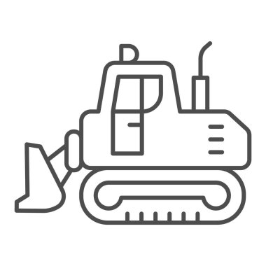 İnce çizgi ikonuna sahip kazı makinesi, ağır ekipman konsepti, beyaz arka planda Dünya ağır kazıcı tabelası, mobil konsept ve web için ana hatlarda Backhoe sembolü. Vektör grafikleri.