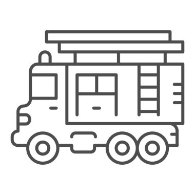 Merdiven ince çizgi ikonlu itfaiye aracı, ağır ekipman konsepti, beyaz arka planda itfaiye aracı tabelası, mobil konsept ve web tasarımı için ana hatlı itfaiye aracı simgesi. Vektör grafikleri.