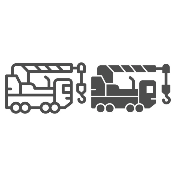 Ligne de camion robuste et icône solide, concept d'équipement lourd, panneau de camion-grue sur fond blanc, équipement pour icône de construction dans le style de contour pour concept mobile, conception web. Graphiques vectoriels. — Image vectorielle