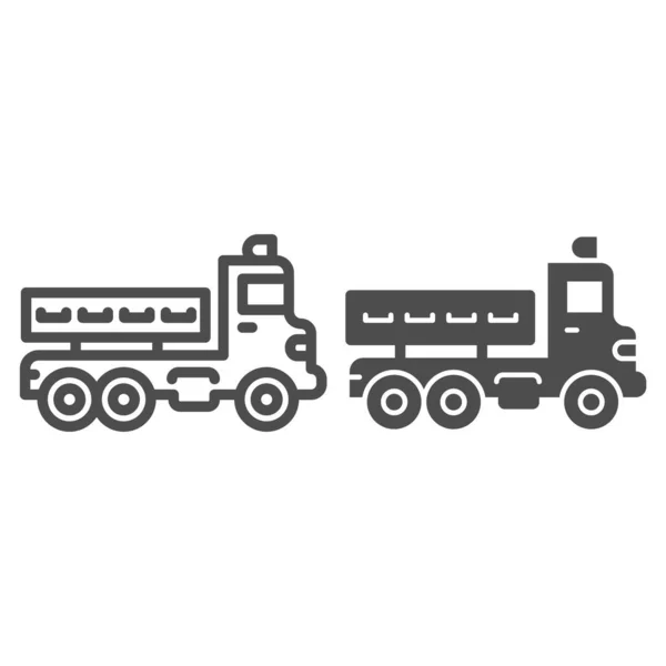 Φορτίο φορτηγό με το σώμα ρυμουλκούμενο γραμμή και στερεό εικονίδιο, βαριά έννοια εξοπλισμού, όχημα με ρυμουλκούμενο σώμα υπογράψει σε λευκό φόντο, φορτωτής εικονίδιο σε στυλ περίγραμμα για το κινητό και web design. Διανυσματικά γραφικά. — Διανυσματικό Αρχείο