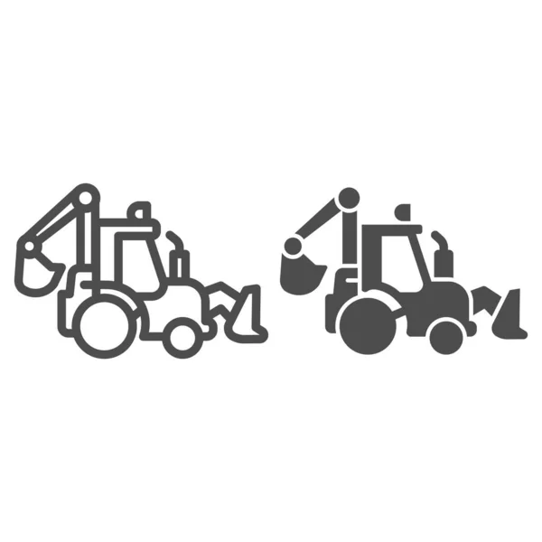 Tractor con línea de cubo e icono sólido, concepto de equipo pesado, letrero de retroexcavadora sobre fondo blanco, equipo de excavación con icono de cubo de excavación en estilo de esquema para móviles y web. Gráficos vectoriales. — Vector de stock