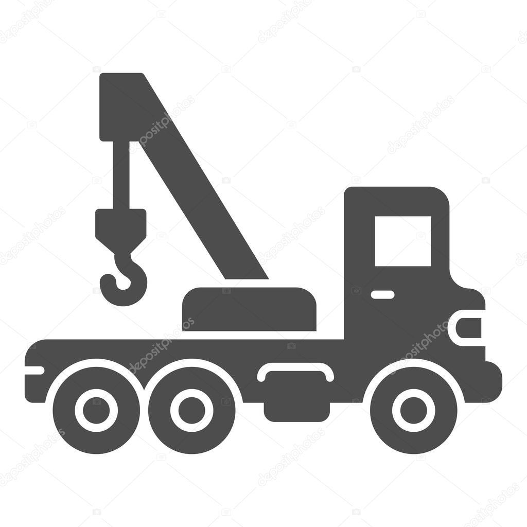 Truck with crane solid icon, heavy equipment concept, Construction Machine sign on white background, tow truck icon in glyph style for mobile concept and web design. Vector graphics