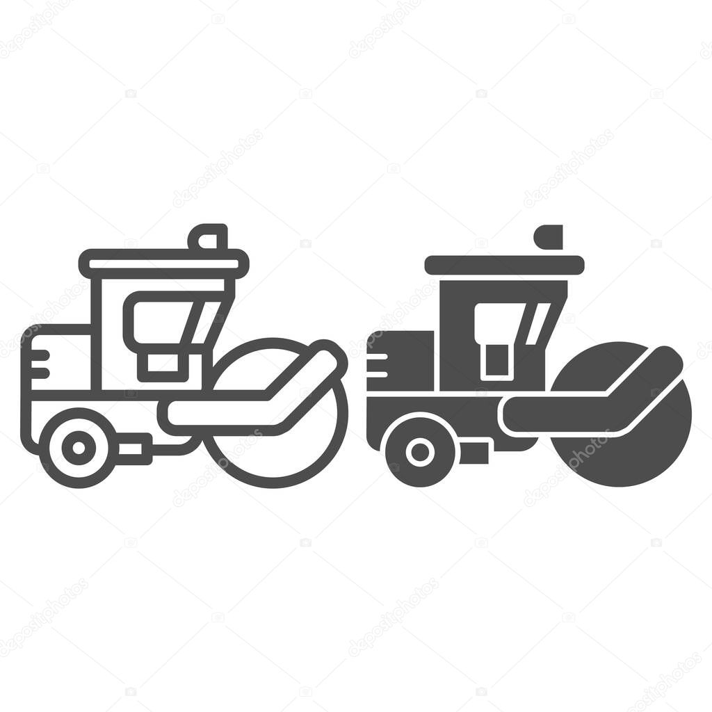 Asphalt roller line and solid icon, heavy equipment concept, steamroller truck sign on white background, Road roller icon in outline style for mobile concept and web design. Vector graphics