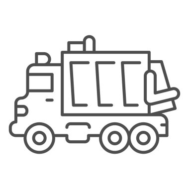 Çöp kamyonu ince çizgi ikonu, ağır ekipman konsepti, beyaz arka planda çöp makinesi tabelası, mobil konsept ve web tasarımı için ana hatlı Geri Dönüşüm Kamyonu simgesi. Vektör grafikleri.