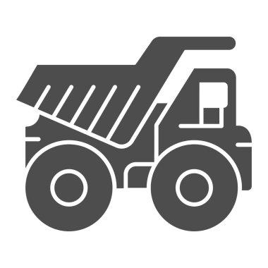 Büyük maden kamyonu katı ikonu, ağır ekipman konsepti, beyaz arka planda büyük ağır araba tabelası, mobil konsept ve web tasarımı için glifli çöp kamyonu ikonu. Vektör grafikleri.