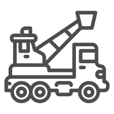 Vinç ve sepet çizgisi ikonu olan kamyon, ağır ekipman konsepti, beyaz arka planda havadan kaldırma platformu işareti, cep telefonu ve internet için sepet ikonu olan vinç kamyonu. Vektör grafikleri.