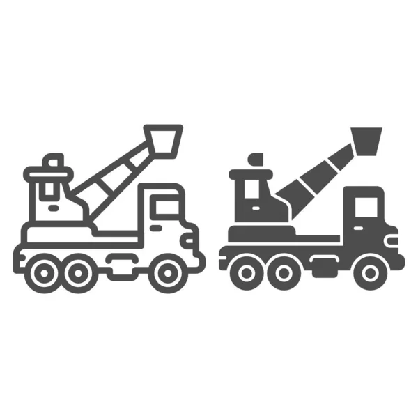 Truck with crane and basket line and solid icon, heavy equipment concept, Aerial lift platform sign on white background, Crane truck with basket icon in outline style for mobile, web. Vector graphics. — Stock Vector