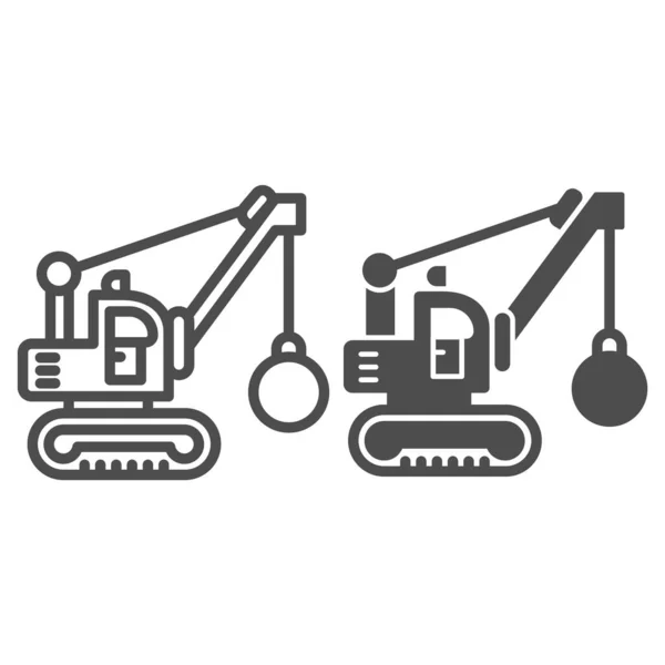 Escavatore con sfera per distruggere la linea di edifici e l'icona solida, concetto di attrezzature pesanti, gru con segno a sfera di demolizione su sfondo bianco, icona dell'escavatore del saccheggiatore in stile contorno. Grafica vettoriale. — Vettoriale Stock