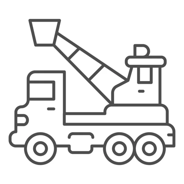 Camion avec grue et icône de ligne mince panier, concept d'équipement lourd, panneau de plate-forme élévatrice aérienne sur fond blanc, camion-grue avec icône panier dans le style de contour pour mobile, web. Graphiques vectoriels. — Image vectorielle