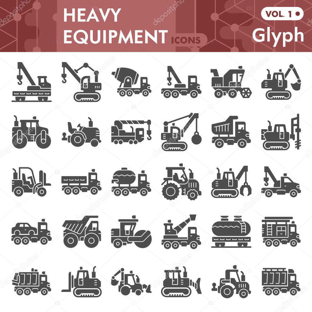Heavy equipment solid icon set, Special machinery symbols collection or sketches. Trucks glyph style signs for web and app. Vector graphics isolated on white background