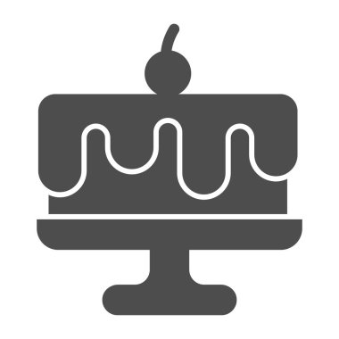 Katı bir ikona çikolatalı pasta, doğum günü keki konsepti, beyaz arka planda vişne işaretli pasta, glifli doğum günü tatlısı. Vektör grafikleri.