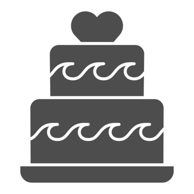 Katı kalpli iki katlı pasta, doğum günü keki konsepti, beyaz arka planda düğün pastası tabelası, dekoru sembol şeklinde iki katlı şenlikli sufle. Vektör grafikleri.