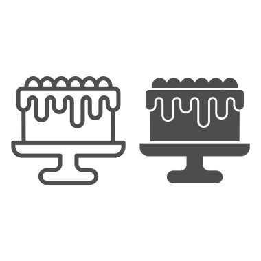 Sabit çizgide jöleli pasta ve katı ikon, pasta konsepti, beyaz arka planda çikolata kremalı tatlı, tatil kutlaması ikonu için tatlı yemeği ana hatlarıyla. Vektör grafikleri.