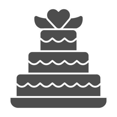Katı bir ikonun üstünde kalbi olan üç katlı pasta, doğum günü keki konsepti, beyaz arka planda düğün pastası tabelası, mobil için glyph tarzı yıldönümü tatlı ikonu. Vektör grafikleri.