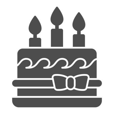 Yay ve mumlu doğum günü pastası katı ikon, doğum günü keki konsepti üç mumlu tatlı ve beyaz arka planda fiyonk şeklinde fiyonk şeklinde tatil kremalı pasta ikonu. Vektör grafiği.