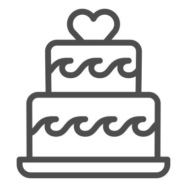 Kalp çizgisi ikonu olan iki katlı pasta, doğum günü keki konsepti, beyaz arka planda düğün pastası tabelası dekor ikonu olan iki katlı şenlikli sufle. Vektör grafikleri.