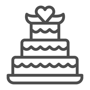 Üst satırda kalbi olan üç katlı pasta, doğum günü keki konsepti, beyaz arka planda düğün pastası tabelası, mobil için taslak şeklinde yıl dönümü tatlı ikonu. Vektör grafikleri.