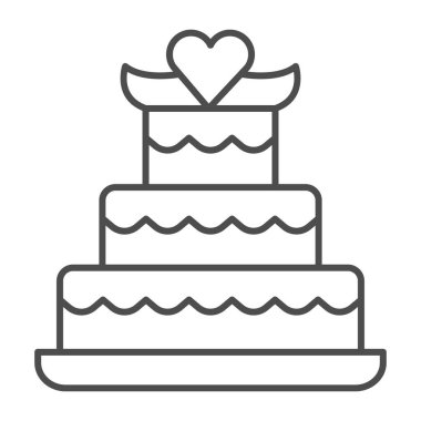 En üstteki ince çizgi ikonunda kalp olan üç katlı pasta, doğum günü keki konsepti, beyaz arka planda düğün pastası tabelası, mobil için taslak şeklinde yıl dönümü tatlı ikonu. Vektör grafikleri.