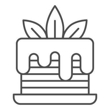 Cilalı ve krema yapraklı katman pasta ince çizgi ikonu, pasta konsepti, beyaz arka planda doğum günü keki tabelası, ana hatlarıyla süslenmiş lezzetli katmanlı pasta. Vektör grafikleri.