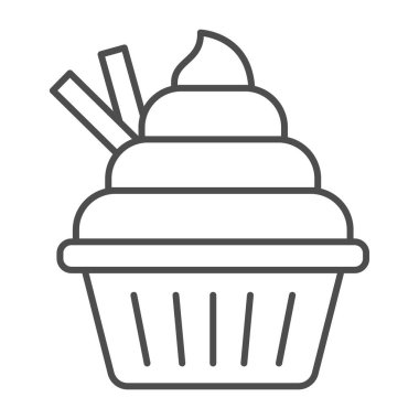 Kremalı kek, ince çizgi ikonu, şekerleme konsepti, beyaz arka planda kek tabelası, mobil konsept ve web tasarımı için ana hatlı kek ikonu. Vektör grafikleri.