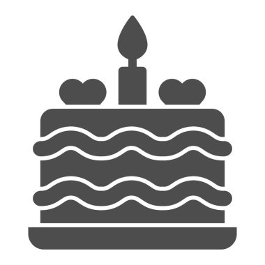 Mumlu ve kalpli kremalı pasta katı ikon, doğum günü keki konsepti, beyaz arka planda süslemeli tatlı, mobil için tatil pastası ikonu, web. Vektör grafikleri.