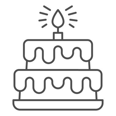 Doğum günü pastası çizgisi ikonu, doğum günü keki konsepti, beyaz arka planda iki katlı pasta tabelası, çikolata kaplı tatlı ve mobil için ana hatlı mum ikonu. Vektör grafikleri.