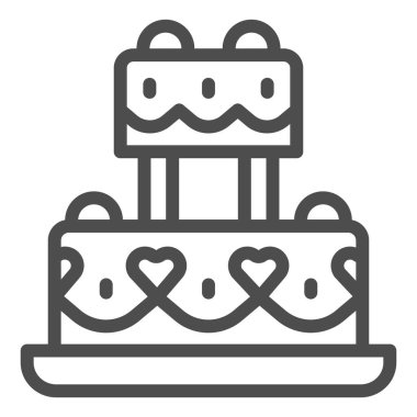 Kalp çizgisi ikonlu şenlikli pasta, doğum günü keki konsepti, beyaz arka planda düğün pastası tabelası, mobil ve web için ana hatlı düğün kremalı tatlı ikonu. Vektör grafikleri.