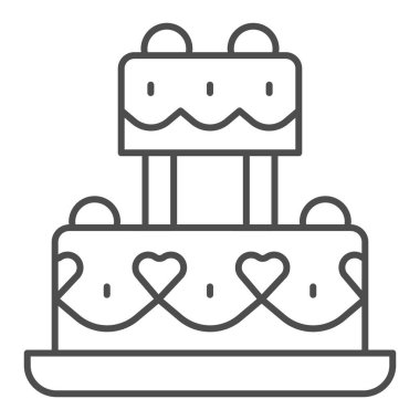 Kalpleri ince çizgi ikonu olan şenlikli pasta, doğum günü keki konsepti, beyaz arka planda düğün pastası tabelası, mobil ve web için ana hatlı düğün kremalı tatlı ikonu. Vektör grafikleri.