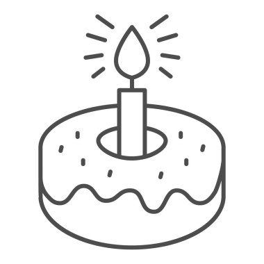 Mum ince çizgi ikonlu donut, doğum günü kek konsepti, beyaz arka planda bayram tatlı tabelası, mobil ve web tasarımı için ana hatlı mum ikonlu lezzetli hamur cevizi. Vektör grafikleri.