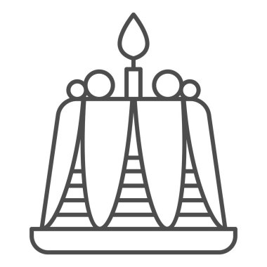 Mum ince çizgi ikonlu puding, fırın konsepti, beyaz arka planda doğum günü keki tabelası, mobil konsept için ana hatlı muma sahip leziz puding, web tasarımı. Vektör grafikleri.