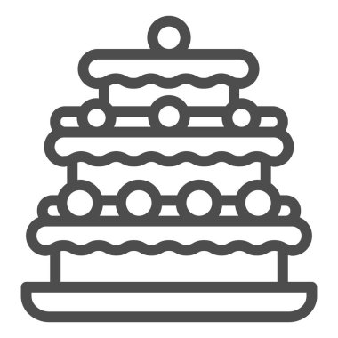 Yer mantarı pasta çizgisi ikonu, doğum günü keki konsepti, beyaz arka planda üç katlı kek tabelası, çikolata kaplı ikon çikolatalı mantar tatlısı, mobil ve web için taslak tarzı. Vektör grafikleri.