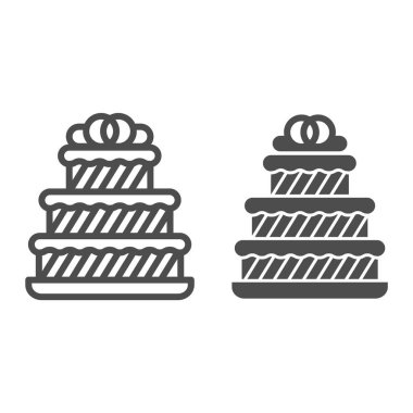 Büyük düğün pastası çizgisi ve sağlam bir ikon, doğum günü keki konsepti, beyaz arka planda üç katlı pasta tabelası, mobil ve web için ana hatlı düğün tatlı ikonu. Vektör grafikleri.