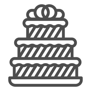 Büyük düğün pastası çizgisi ikonu, doğum günü keki konsepti, beyaz arka planda üç katlı pasta tabelası, mobil ve web için ana hatlı düğün tatlı ikonu. Vektör grafikleri.