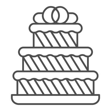 Büyük düğün pastası ince çizgi ikonu, doğum günü kek konsepti, beyaz arka planda üç katlı pasta tabelası, mobil ve web için ana hatlı düğün tatlı ikonu. Vektör grafikleri.