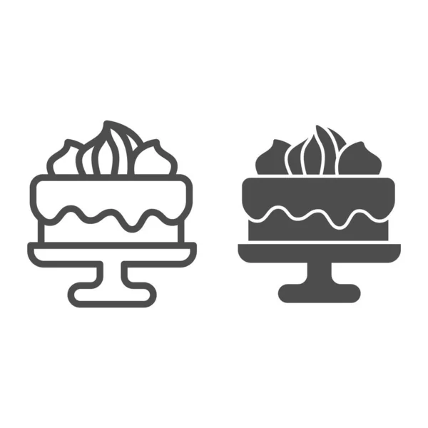 Pastel con glaseado de chocolate y malvaviscos línea e icono sólido, concepto de cupcake cumpleaños, galleta decorada con dulces signo sobre fondo blanco, icono de postre de pastel en el estilo del esquema. Gráficos vectoriales. — Archivo Imágenes Vectoriales