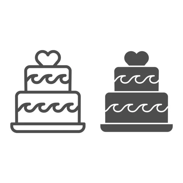 Bolo de duas camadas com linha de coração e ícone sólido, conceito de cupcake de aniversário, sinal de bolo de casamento no fundo branco, souffle festivo de duas camadas com ícone de decoração em estilo esboço. Gráficos vetoriais. —  Vetores de Stock