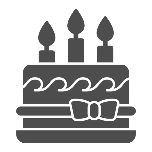 Geburtstagstorte mit Schleife und Kerzen solide Ikone, Geburtstagskuchen Konzept, Dessert mit drei Kerzen und Bogen Zeichen auf weißem Hintergrund, Urlaub Sahnetorte Symbol in Glyph-Stil. Vektorgrafik. — Stockvektor