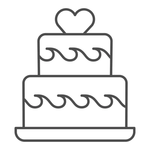 Pastel de dos niveles con icono de línea delgada del corazón, concepto de cupcake de cumpleaños, signo de pastel de boda sobre fondo blanco, soufflé festivo de dos niveles con icono de decoración en estilo de esquema. Gráficos vectoriales. — Vector de stock