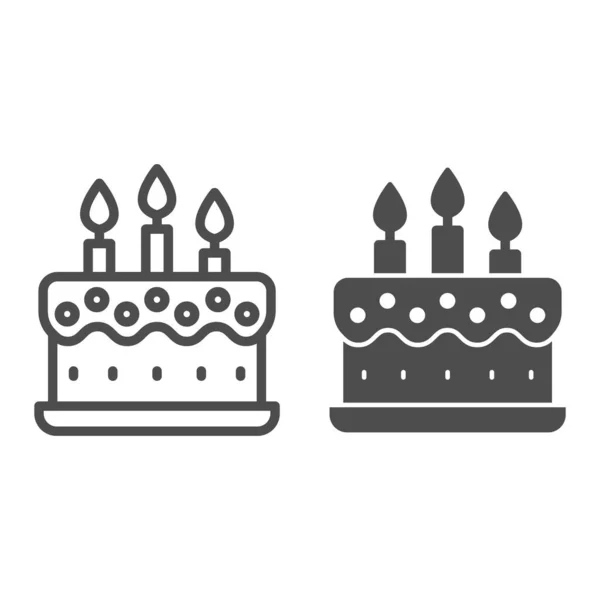 Pastel de crema con línea de velas e icono sólido, concepto de cupcake de cumpleaños, postre con tres velas signo sobre fondo blanco, icono de pastel de vacaciones en estilo de esquema para móviles, diseño web. Gráficos vectoriales. — Vector de stock