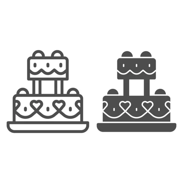 Pastel festivo con línea de corazones e icono sólido, concepto de cupcake de cumpleaños, signo de pastel de boda sobre fondo blanco, icono de postre cremoso de boda en estilo de esquema para móviles y web. Gráficos vectoriales. — Vector de stock