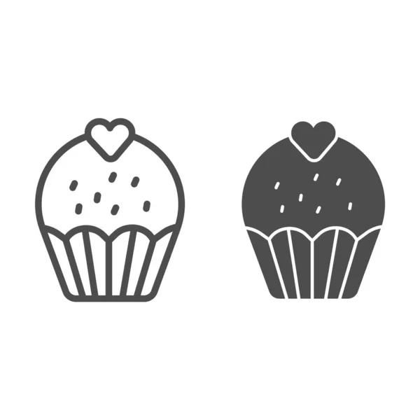 Cupcake con linea del cuore e icona solida, concetto di cupcake di compleanno, segno di pasticceria dolce su sfondo bianco, icona della torta tazza di San Valentino in stile contorno per il concetto mobile, web design. Grafica vettoriale. — Vettoriale Stock