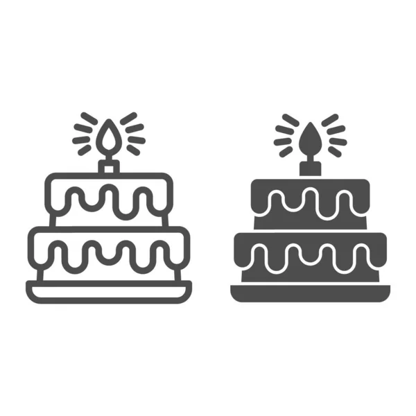 Ligne de gâteau d'anniversaire étage et icône solide, concept de cupcake d'anniversaire, signe de gâteau à deux niveaux sur fond blanc, dessert avec glaçage au chocolat et icône de bougie dans le style contour pour mobile. Graphiques vectoriels. — Image vectorielle