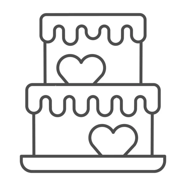 Dos torta estratificada con corazones icono de línea delgada, concepto de cupcake cumpleaños, signo de pastel de boda sobre fondo blanco, soufflé festivo acristalado con icono de decoración en estilo de esquema. Gráficos vectoriales. — Vector de stock
