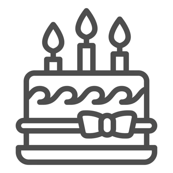 Gâteau d'anniversaire avec arc et icône de ligne de bougies, concept de cupcake d'anniversaire, dessert avec trois bougies et signe d'arc sur fond blanc, icône de gâteau de crème de vacances dans le style contour. Graphique vectoriel. — Image vectorielle