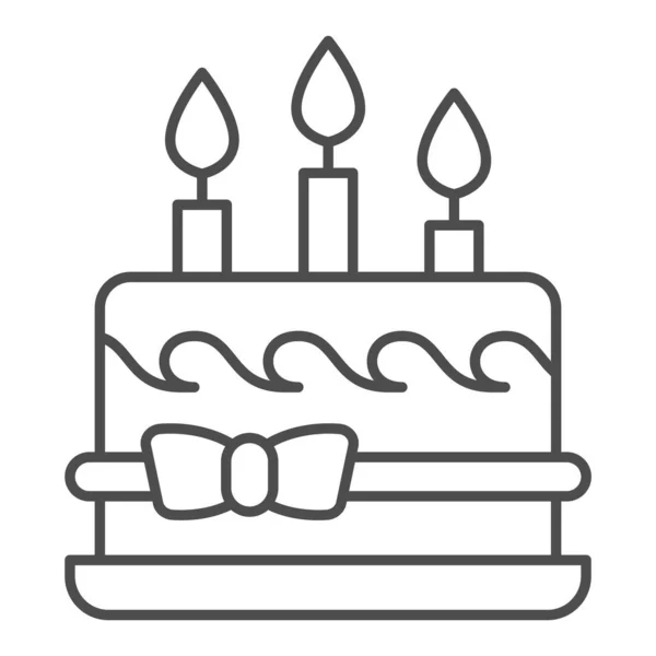 Gâteau d'anniversaire avec arc et bougies icône de ligne mince, concept de cupcake d'anniversaire, dessert avec trois bougies et signe d'arc sur fond blanc, icône de gâteau de crème de vacances dans le style contour. Graphique vectoriel. — Image vectorielle