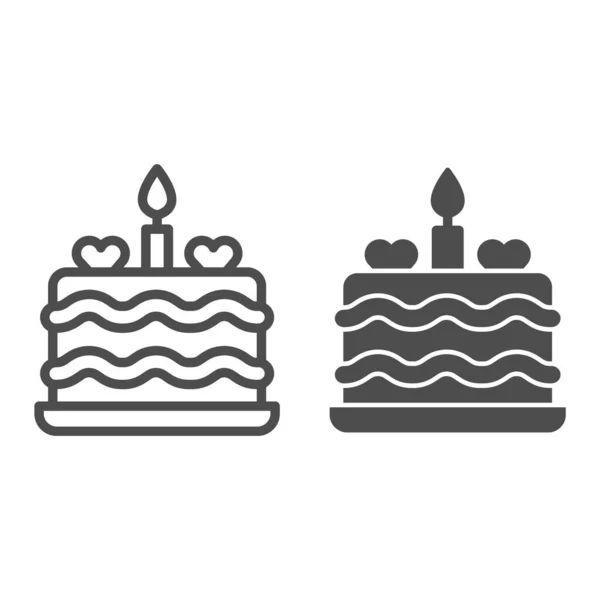 Crème taart met kaars en harten lijn en solide pictogram, Verjaardag cupcake concept, dessert met decoratie teken op witte achtergrond, vakantie taart pictogram in omtrek stijl voor mobiel, web. vectorgrafieken. — Stockvector