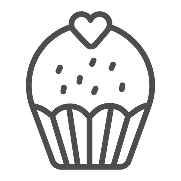 Cupcake con icona della linea del cuore, concetto di cupcake di compleanno, segno di pasticceria dolce su sfondo bianco, icona della torta della tazza di San Valentino in stile di contorno per il concetto mobile, web design. Grafica vettoriale. — Vettoriale Stock